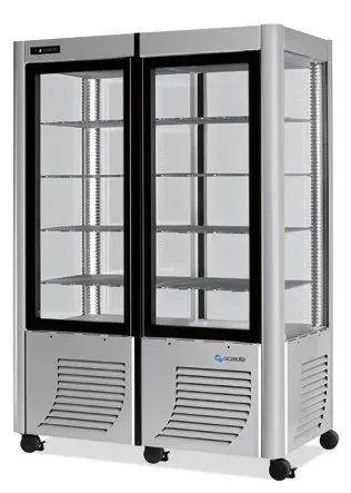 Authentique Vitrine réfrigérée positive 4 faces vitrées 800 litres fixe / grilles chromées 2 portes