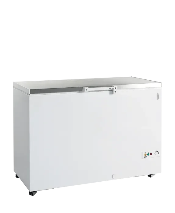 Congélateur coffre porte pleine inox créme glacé 385 litres Prix Promo