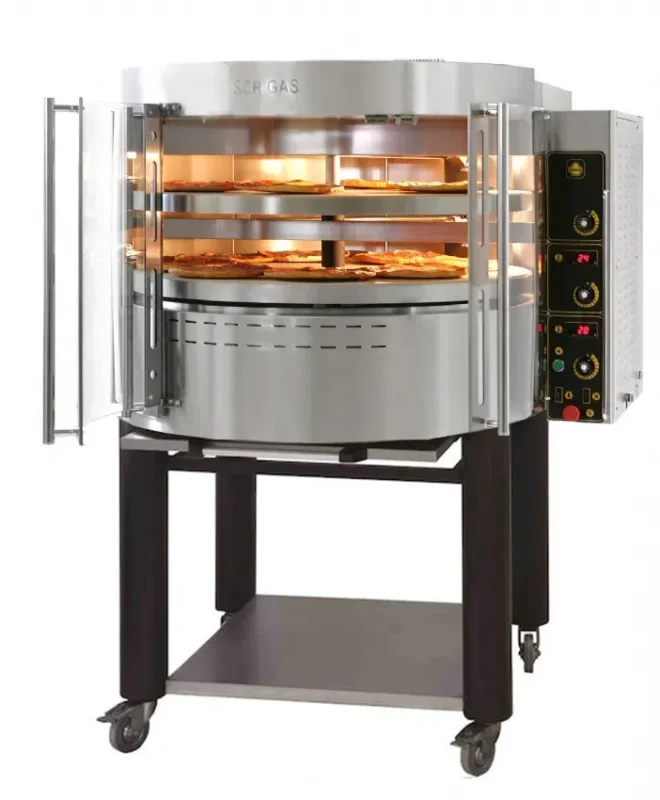 Four à pizza rotatif professionnel à gaz 2 étages avec socle standard noir 7 pizzas de ø 30 cm Authentique
