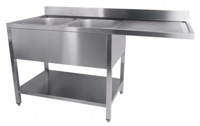 Plonge inox professionnelle avec étagère 2 bacs à gauche et passage lave-vaisselle 1600x700xh850 Nouveauté