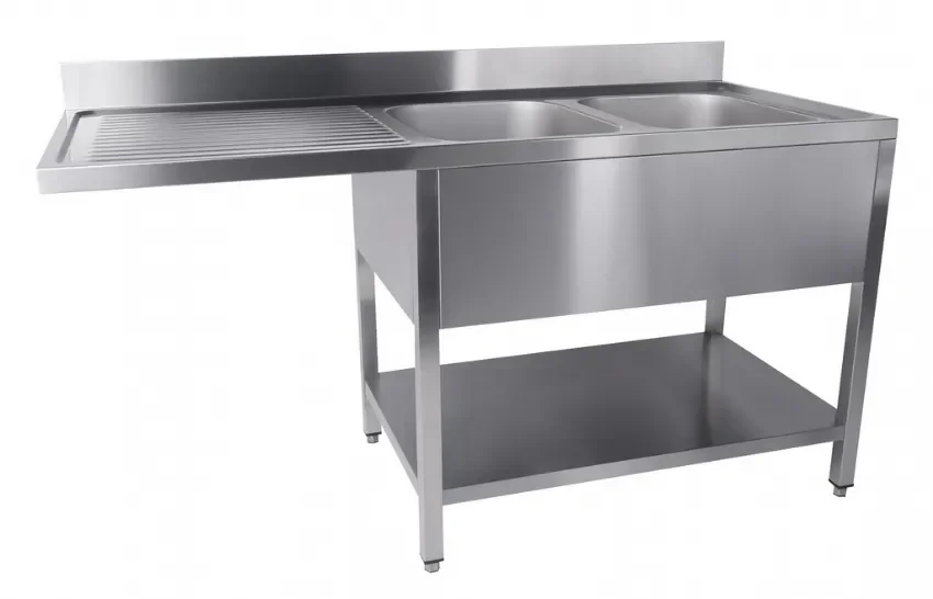 Plonge inox professionnelle avec étagère 2 bacs à droite et passage lave-vaisselle 1600x700xh850 Haute Qualité