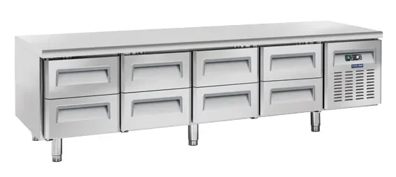 Soubassement réfrigéré positif professionnel 8 tiroirs inox 362 litres gaz r290 Seulement Aujourd’hui