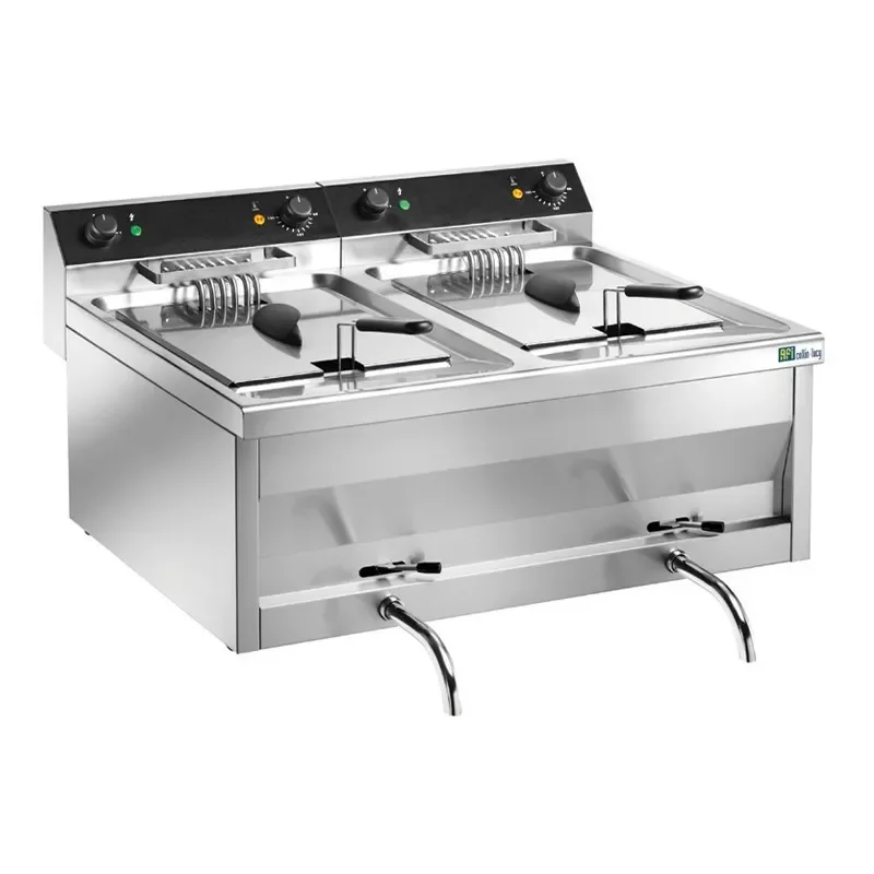 Authentique Friteuse de table électrique avec vidange 2 cuves 9 l avec 2 paniers puissance 2x6 kw