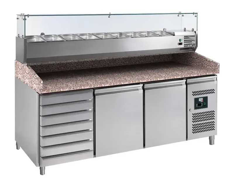 Expédition Rapide Meuble à pizzas professionnel 2 portes 7 tiroirs plan de travail en granit - 390l