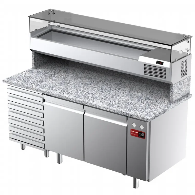 Table réfrigérée pour pizza 2 portes et 7 tiroirs avec vitrine 1800x380x410 et plan de travail en granit Soldes