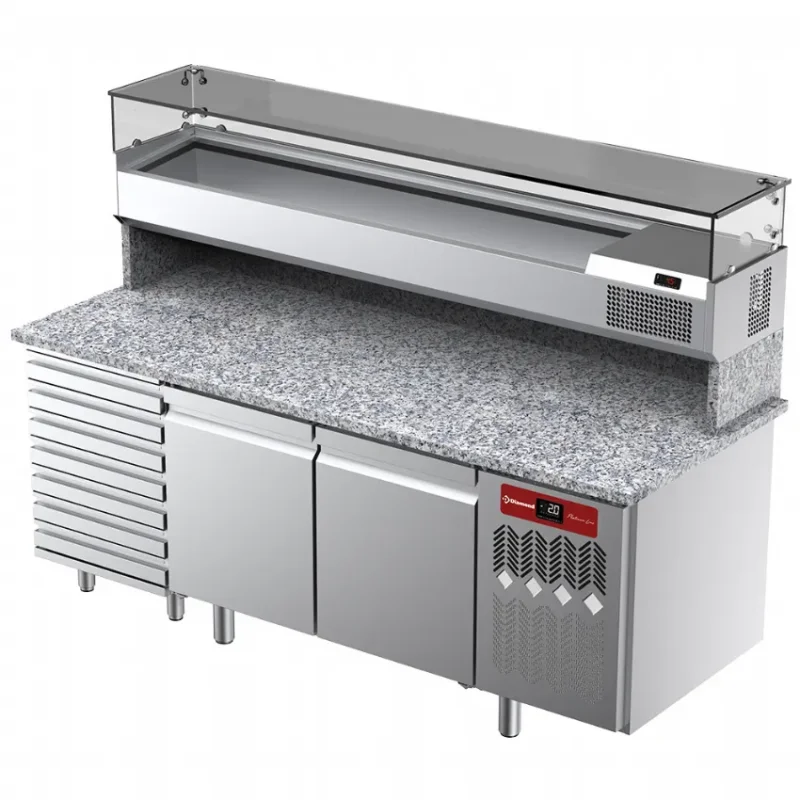 Commande En Gros Table réfrigérée pour pizza 2 portes et 7 tiroirs avec vitrine 2000x380x410 et plan de travail en granit