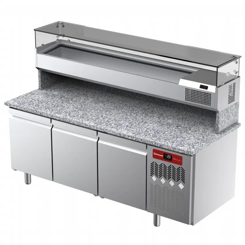 Promotion Table réfrigérée pour pizza 3 portes avec vitrine 2000x380x410 et plan de travail en granit