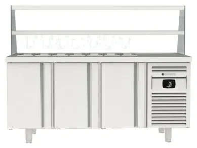 Expédié Aujourd’hui Meuble de préparation positif avec dessus inox et pare haleine en verre 7 bacs gn - 3 portes pleines prof 700mm - 400l
