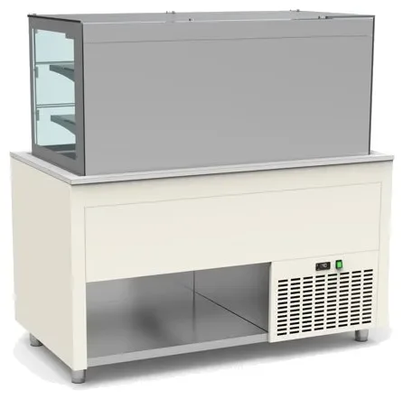 Buffet inox avec vitrine murale a portes coulissantes et cuve froide +4 / +12°c couleur blanc - 1260x850x850mm Expédié Aujourd’hui