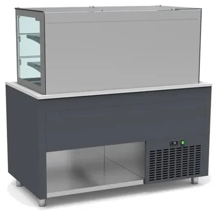 Buffet inox avec vitrine murale a portes coulissantes et cuve froide +4 / +12°c couleur gris - 1260x850x850mm Produit De Marque