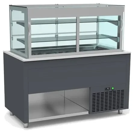 Buffet inox avec vitrine centrale panoramique et cuve froide ventilée +4 / +12°c couleur gris - 1260x850x850mm Achetez Aujourd’hui