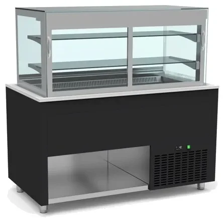 Nouveauté Buffet inox avec vitrine centrale panoramique et cuve froide ventilée +4 / +12°c couleur noir - 1260x850x850mm