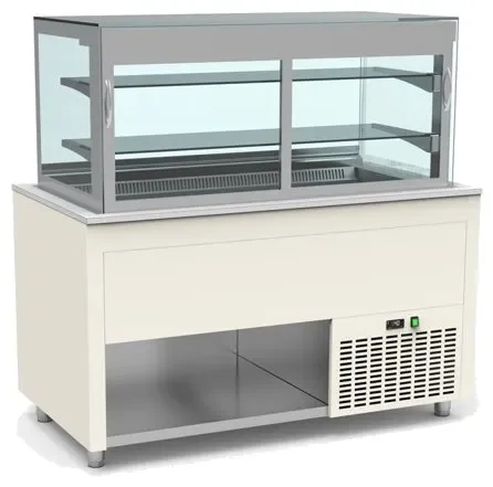 Produit De Marque Buffet inox avec vitrine centrale panoramique et cuve froide ventilée +4 / +12°c couleur blanc - 1585x850x850mm