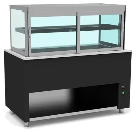 Buffet inox avec vitrine chaude avec vitre rabattable 2 étages en verre +50 / +100°c couleur noir - 1260x850x850mm Authentique