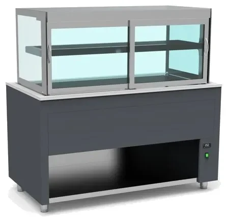 Buffet inox avec vitrine chaude centrale 2 etagères en verre amovibles couleur gris - 1585x850x850mm Meilleure Vente