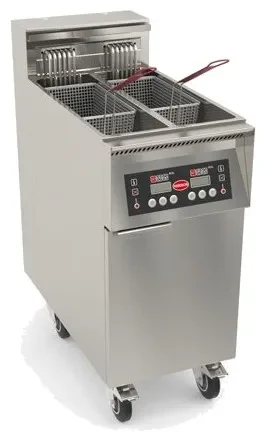 Quantité Limitée Friteuse électrique haut rendement avec thermostat électronique timer 3 prog et filtration double cuve sur armoire 17kw - 2x11l