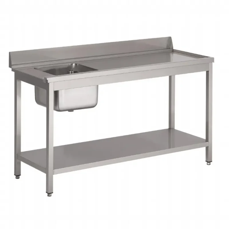 Produit De Marque Table d'entrée lave-vaisselle inox avec bac à gauche dosseret et tablette inférieure 850x1400x700 mm