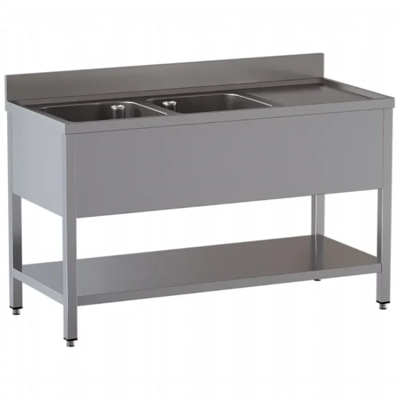 Plonge inox de 2 cuves avec zone d’égouttage à droite dim. 2000x700x850 Commander Vite