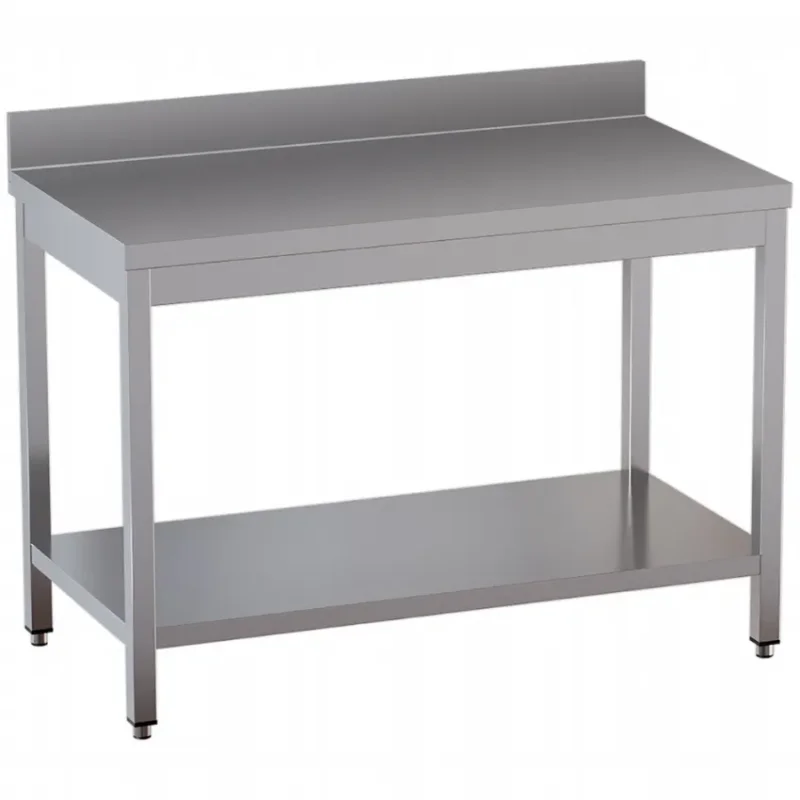 Top Vente Table inox équipée d’une étagère basse et d’un rebord mural arrière dim. 2400x700x850