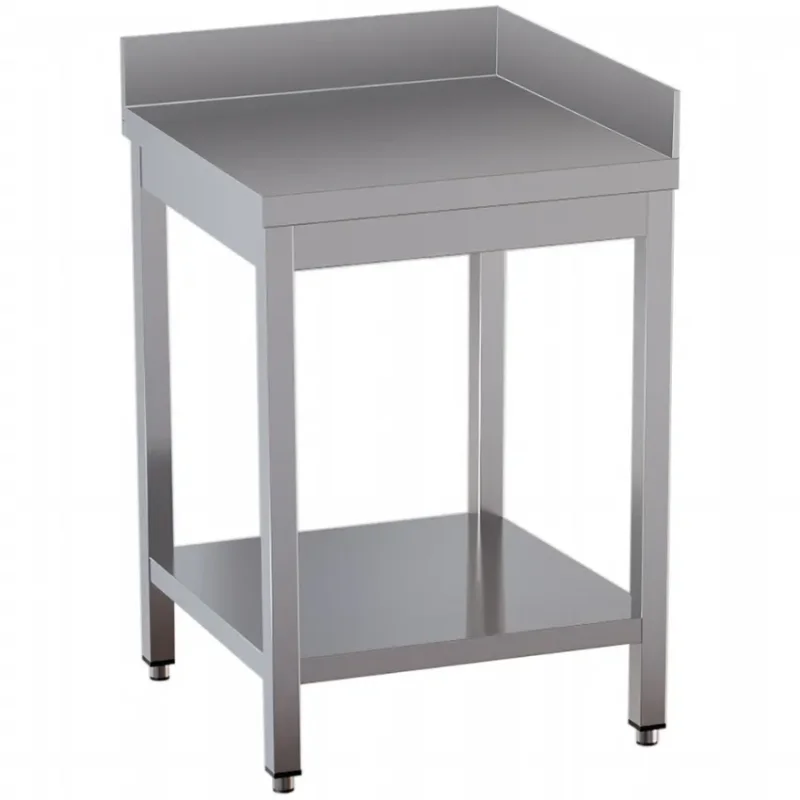 Table inox angle droit avec étagère basse et double rebord mural arrière dim. 600x600x850 Nouvelle Collection
