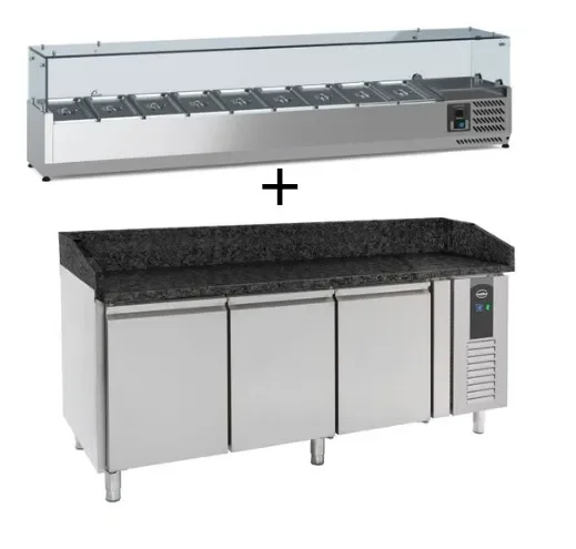 Acheter En Ligne Meuble à pizza inox 3 portes avec plan en granit noir +2/+8 + saladette 9x1/3 2000mm