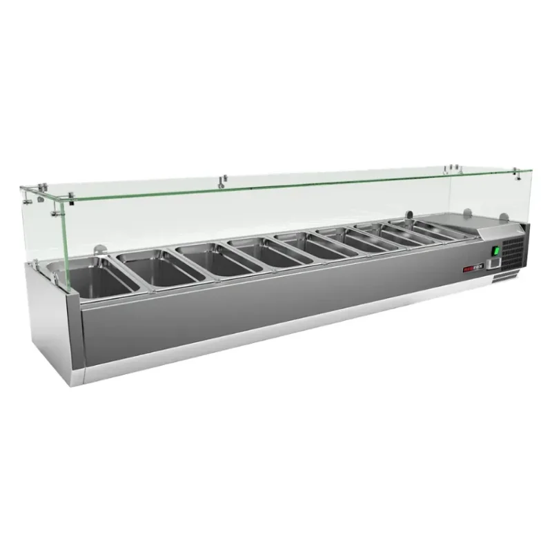 Saladette à poser en inox vitrée pour 8 bacs gn 1/3 de +2° à +8° Dernier Modèle