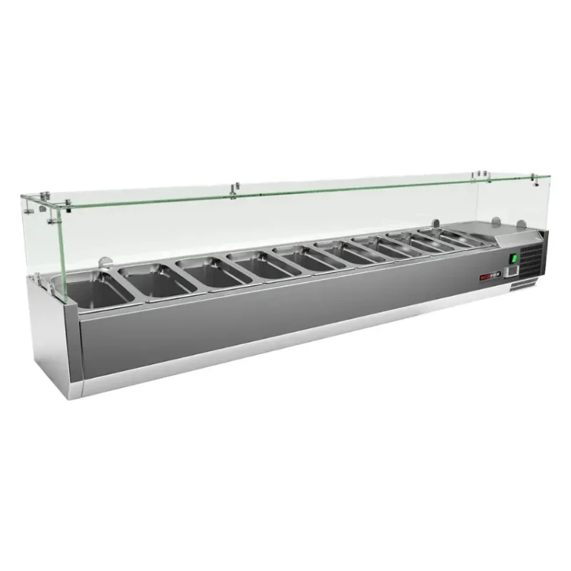 Must-Have Saladette de comptoir en inox vitrée contenant 8 bacs gn 1/4