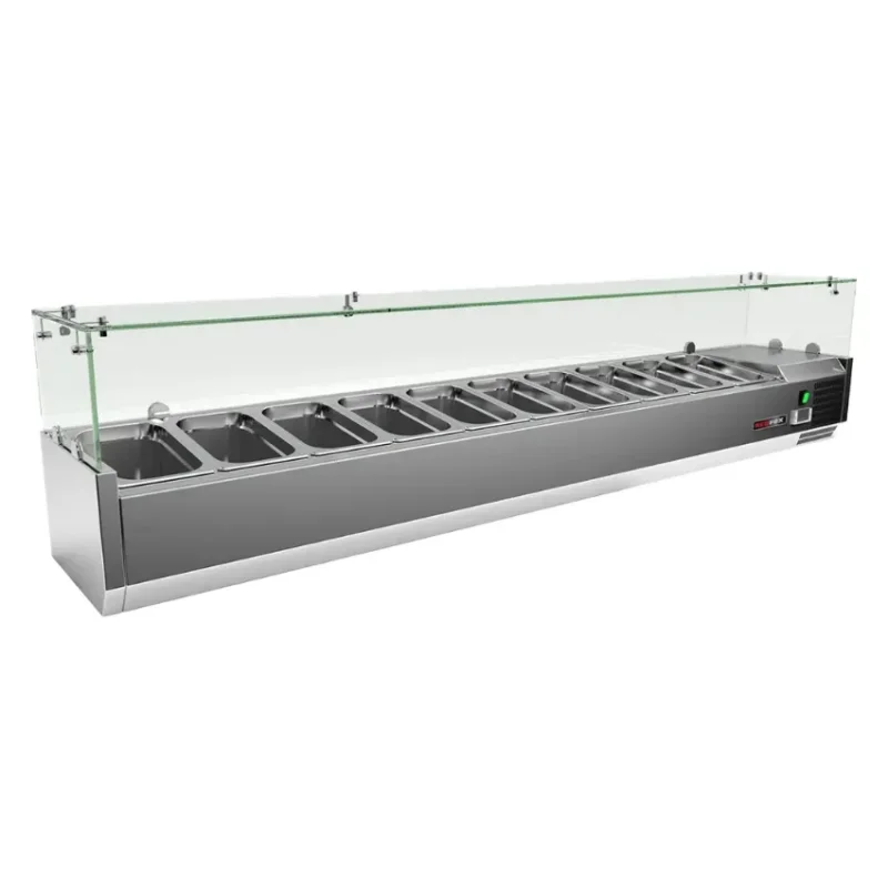 Authentique Saladette de table vitrée en acier inox contenant 10 bacs gn 1/4