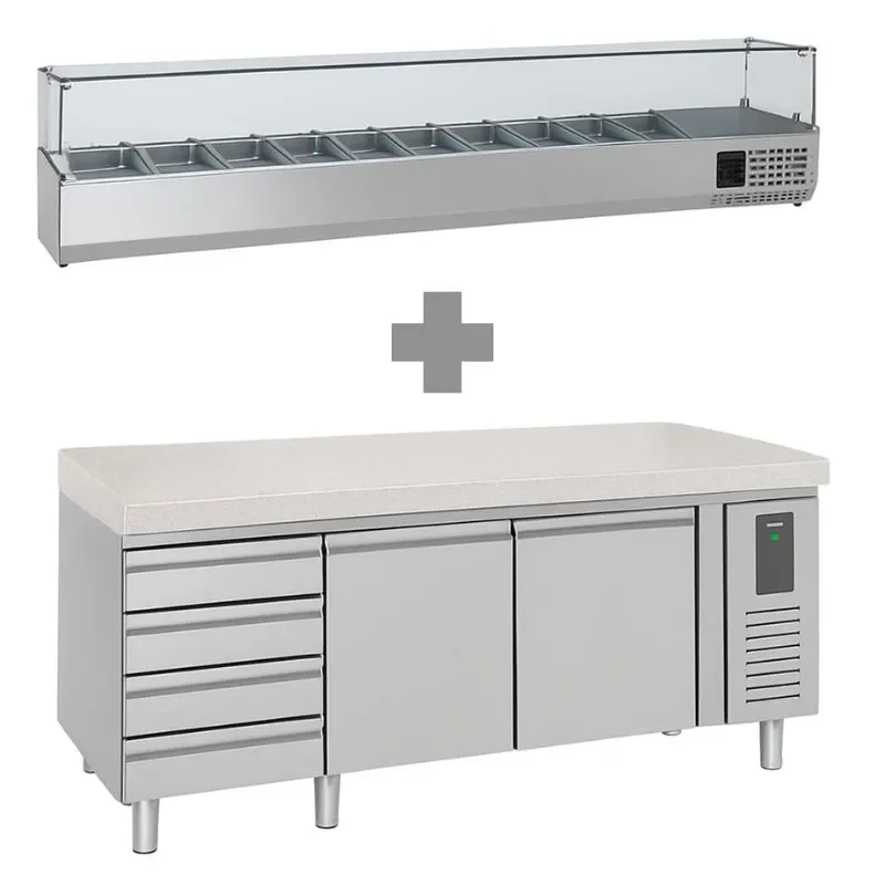 Meuble à pizza inox 3 portes et 7 tiroirs avec plan en granit +2/+8 + saladette 9x1/3 2000mm Prix Choc