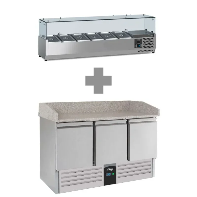 Livraison Gratuite Meuble à pizza inox 3 portes avec plan en granit +2/+8 + saladette 6x1/3 1400mm