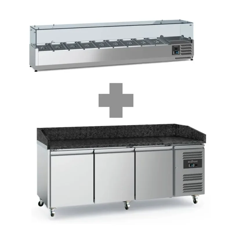 Meuble à pizza inox 3 portes avec plan en granit noir +2/+8 + saladette 9x1/3 2000mm Nouveauté