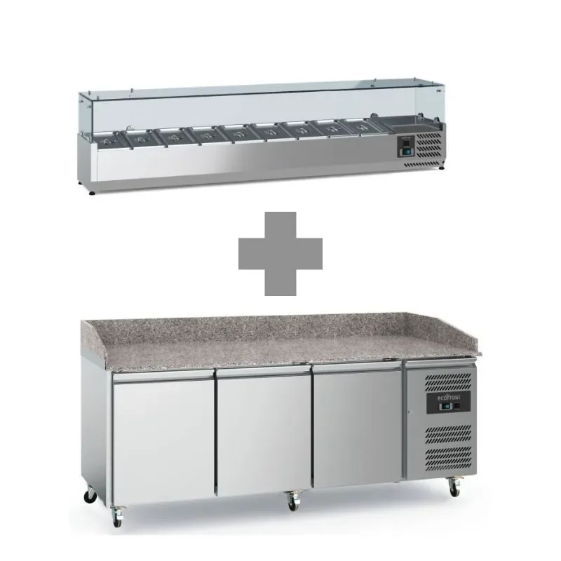 Nouvel Arrivage Meuble à pizza inox 3 portes avec plan en granit +2/+8 + saladette 9x1/3 2000mm