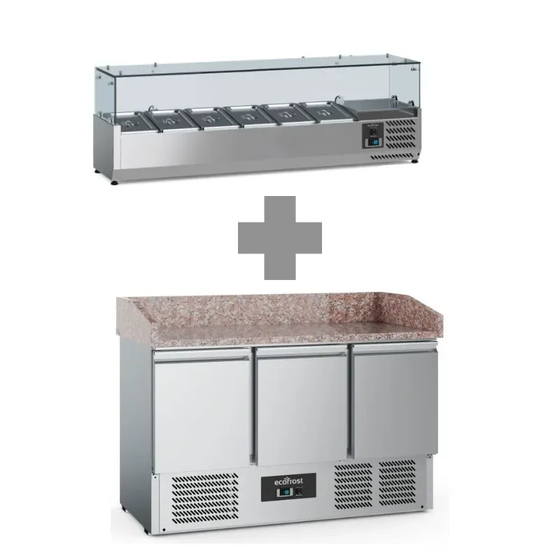 Meuble à pizza inox 3 portes avec plan en granit +2/+8 + saladette 6x1/3 1400mm Nouveauté