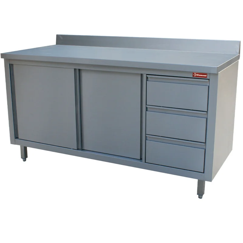 Prix Réduit Meuble inox adossé 3 tiroirs et portes coulissantes 1600x700mm DIAMOND - TA167CDA/B