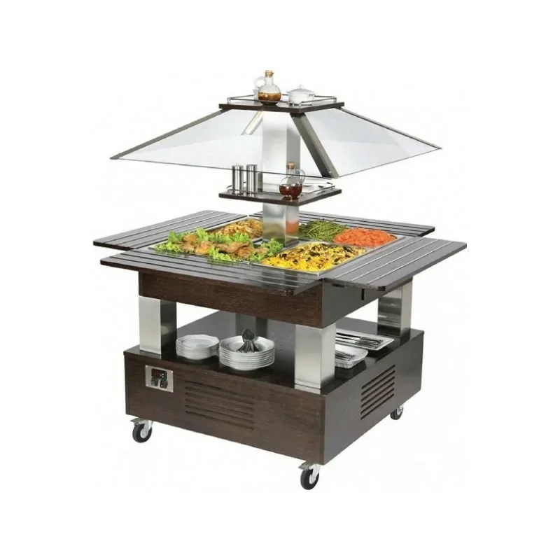 Salad'Bar îlot central chauffant bain-marie 4 bacs GN 1/1 - Couvercle fixe Haute Qualité